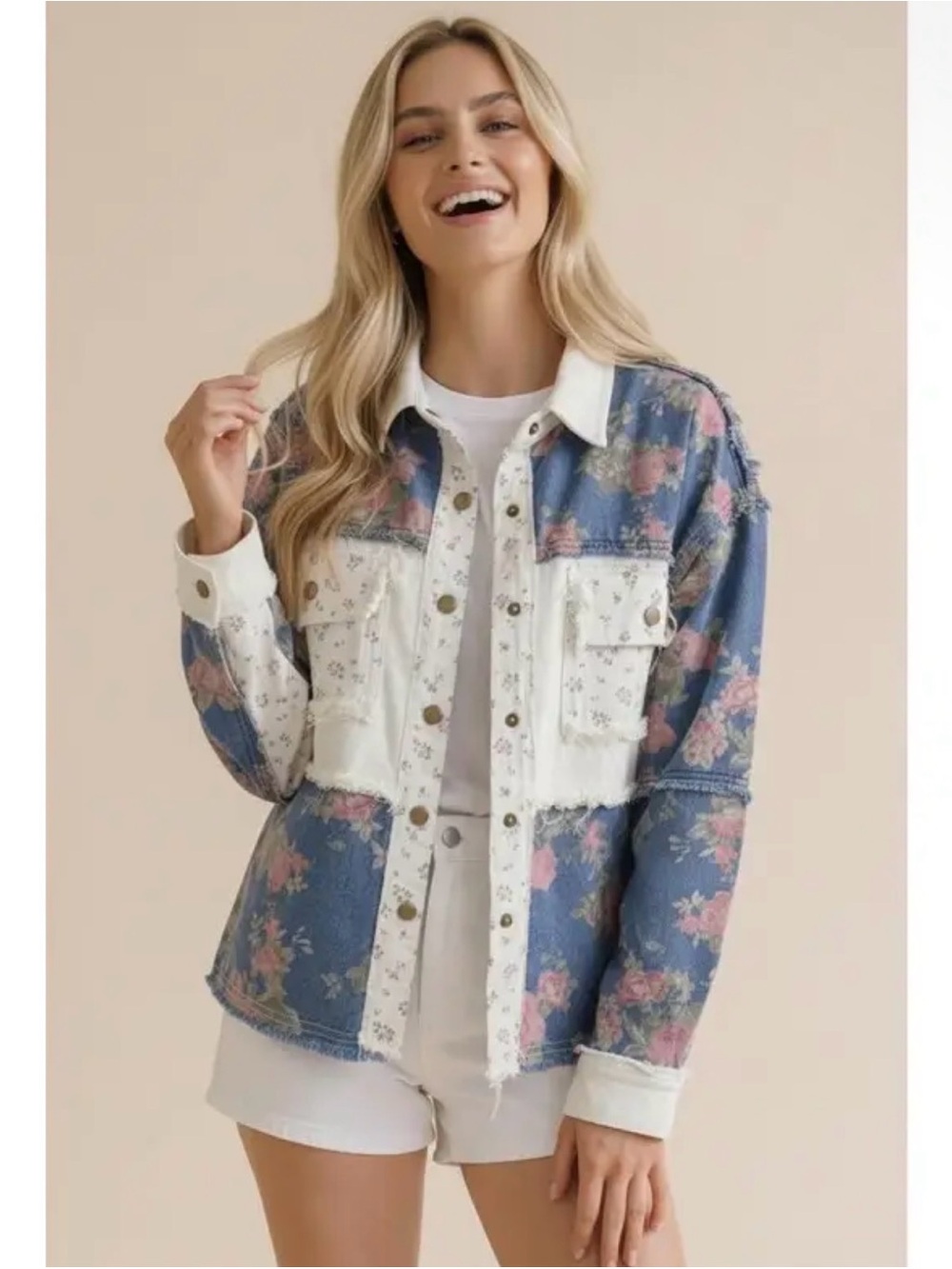Mineral denim rose floral boho western raw hem patchwork floral jean jacket coat